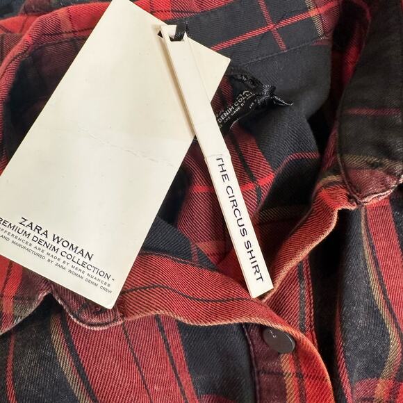 Zara Studded Distressed Circus Red Black Tartan Plaid Shirt Punk sz S NWT - Picture 12 of 13